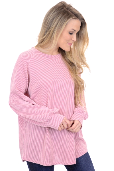 Ribbed Bubble Sleeve Top, Pink