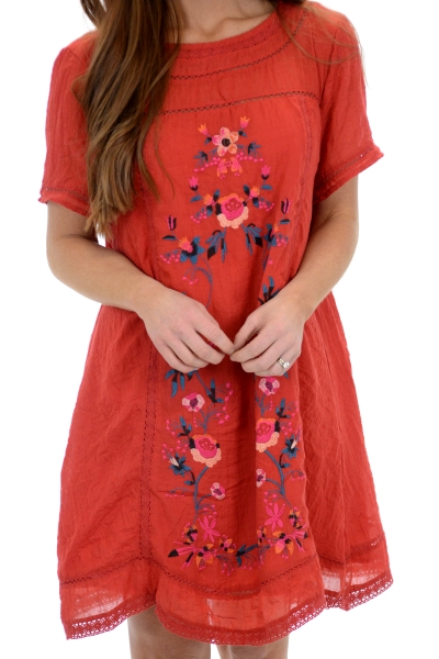 Stitched Blooms Dress, Tomato