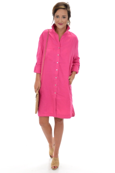 Linen Shirt Dress, Hot Pink