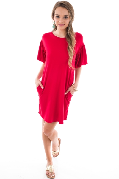 Puffed Sleeves Knit Dress, Red