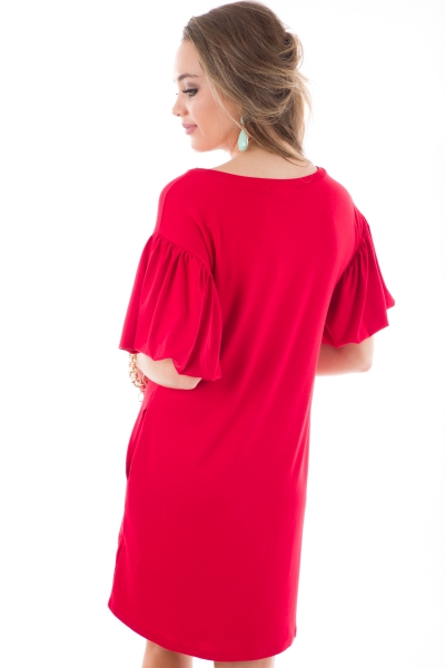 Puffed Sleeves Knit Dress, Red