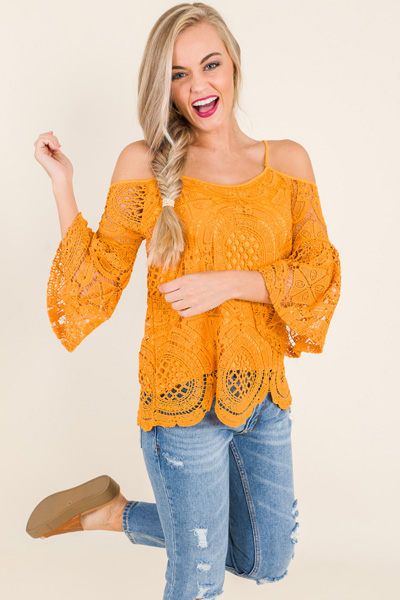 Cold Shoulder Crochet Top, Yellow