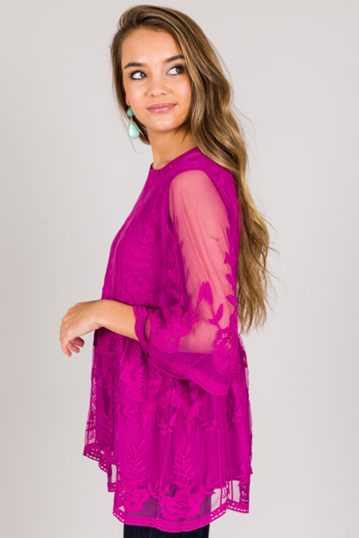 Elbow Sleeve Lace Top, Plum