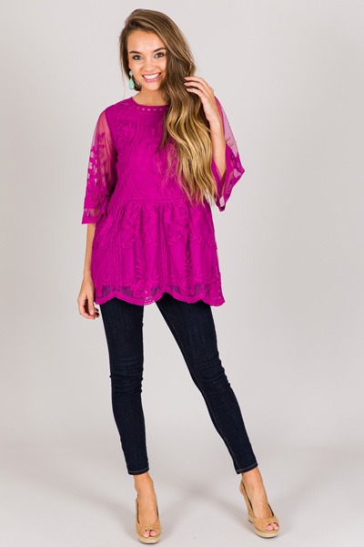Elbow Sleeve Lace Top, Plum