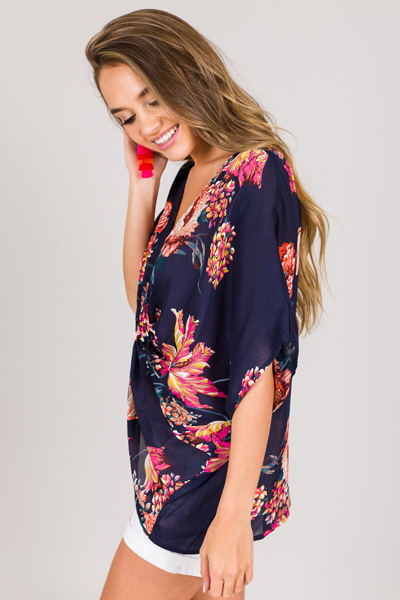 Gathered Knot Top, Navy Floral