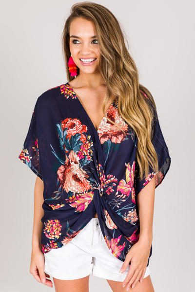 Gathered Knot Top, Navy Floral