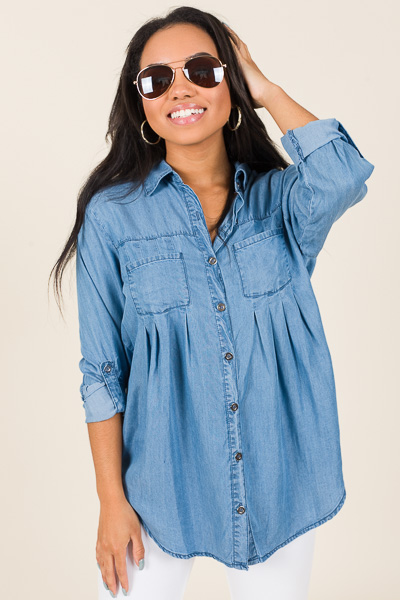 Pleated Chambray Button Down