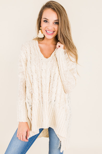 Oversize Cable Sweater, Vanilla