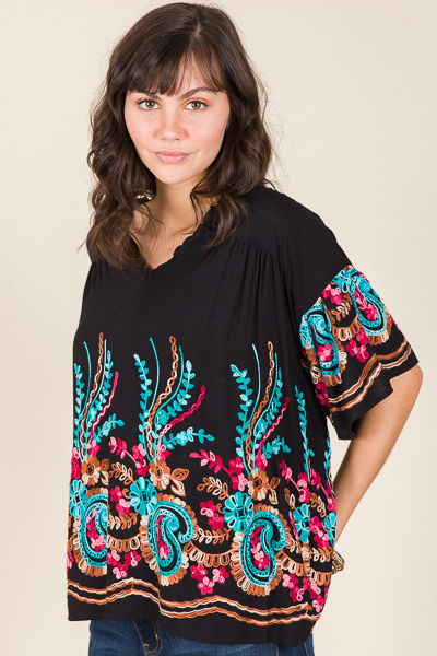 Embroidered Paisley Top, Black