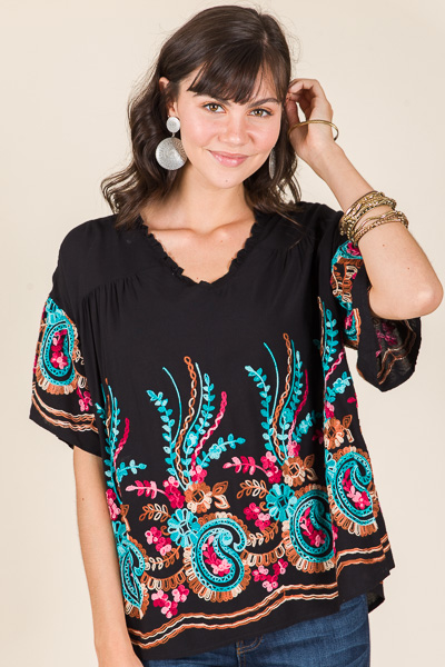 Embroidered Paisley Top, Black