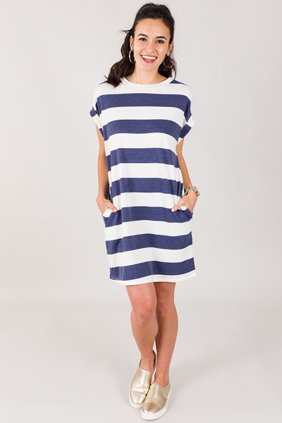 French Terry Stripe Dress, Blue