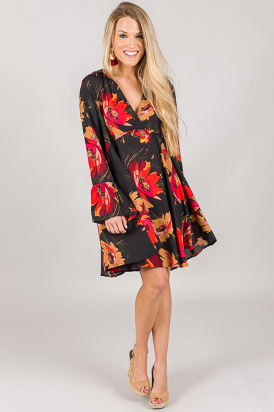 Collared Floral Frock, Black