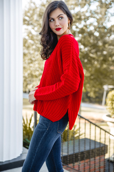 Chunky V-Neck Sweater, Red