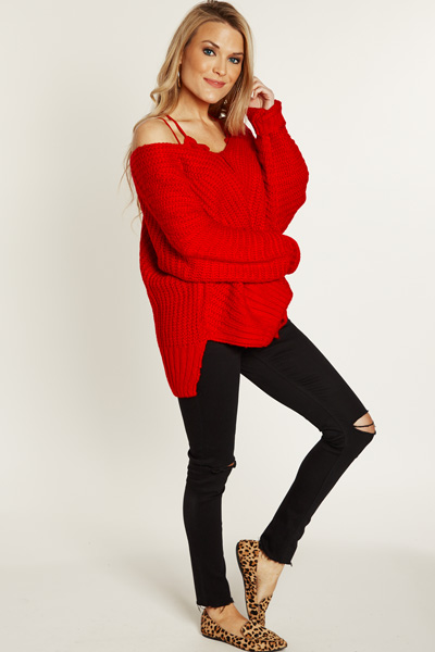 Chunky V-Neck Sweater, Red