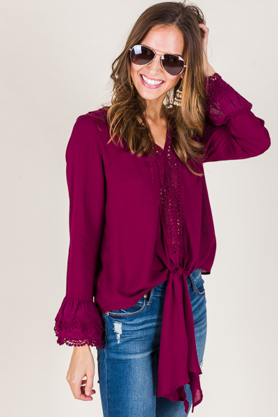 Lace Bell Sleeve Top, Wine