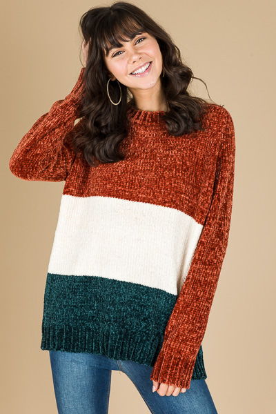 Chenille Colorblock Sweater, Rust