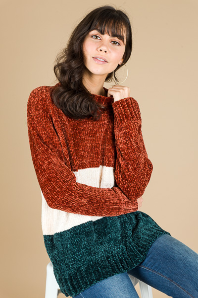 Chenille Colorblock Sweater, Rust