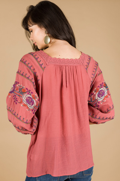 Embroidered Sleeves Top, Marsala