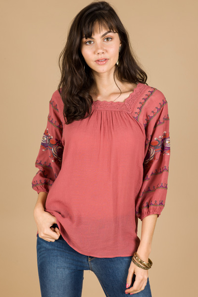 Embroidered Sleeves Top, Marsala