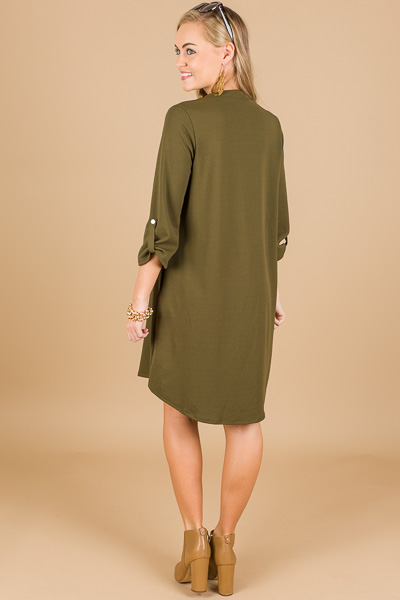 Split Neck Pocket Dress, Olive