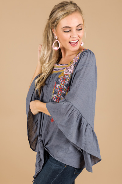 Embroidered Tie Top, Slate