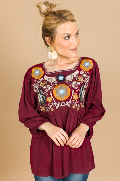 Brooke Boho Top, Burgundy