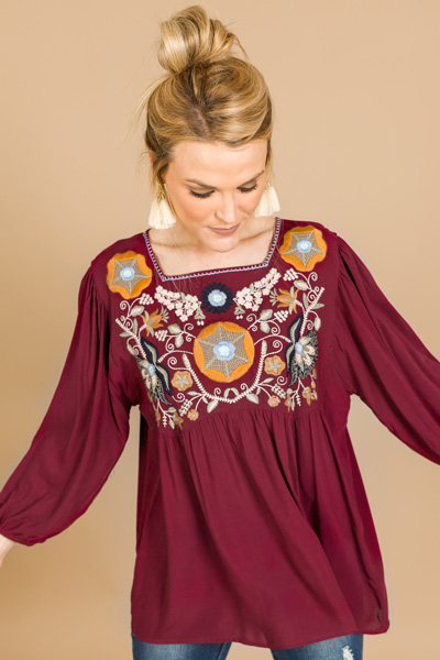 Brooke Boho Top, Burgundy