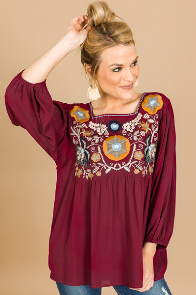 Brooke Boho Top, Burgundy