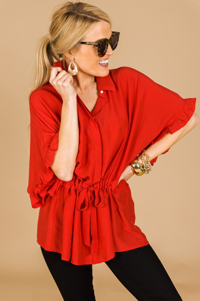 Drawstring Button Down, Red