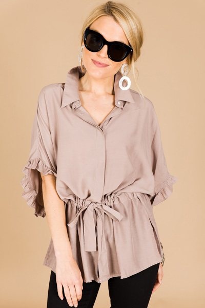 Drawstring Button Down, Taupe