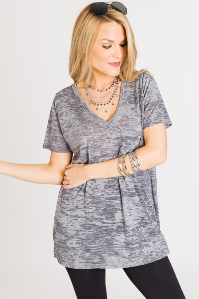 Marble Knit V Tee, Charcoal