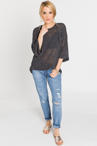 Rolled Sleeve Knit Top, Charcoal