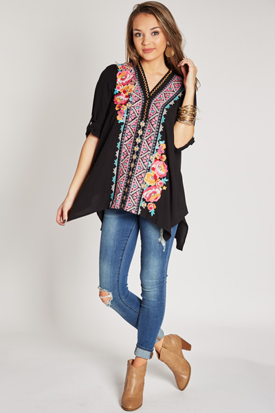 Beach Embroidered Top, Black