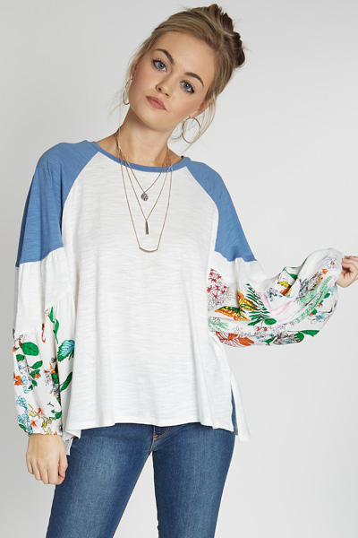 Floral Puff Sleeve Top, White