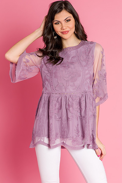 Elbow Sleeve Lace Top, Lavender