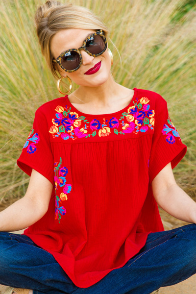 Neon Embroidery Top, Red