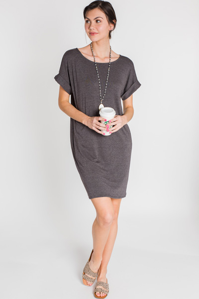 Rolled Sleeve T Shirt Dress, Charcoal