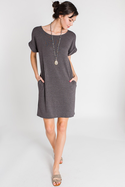 Rolled Sleeve T Shirt Dress, Charcoal