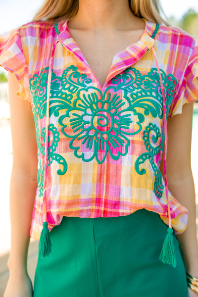 Sunset Plaid Embroidered Top
