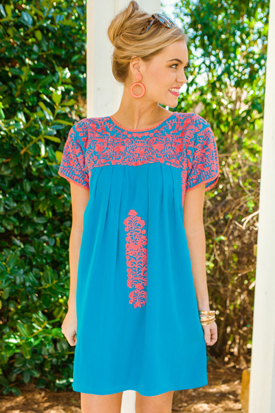 Carolina Embroidered Dress, Blue