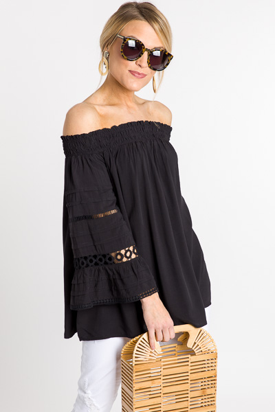 Pintuck Off Shoulder, Black