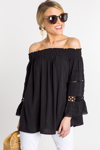 Pintuck Off Shoulder, Black