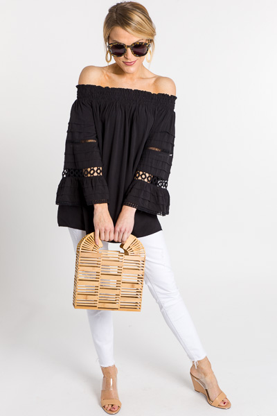 Pintuck Off Shoulder, Black