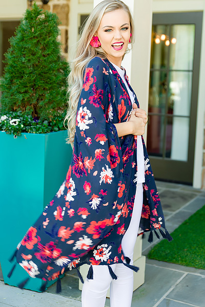 Kyla Tassel Kimono, Navy Blooms