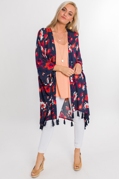 Kyla Tassel Kimono, Navy Blooms
