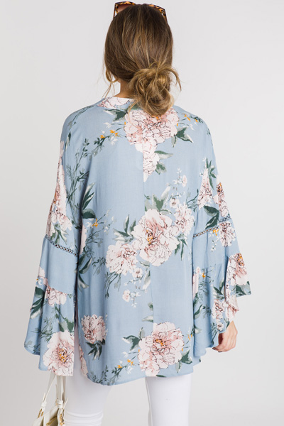 Powder Blue Floral Kimono - Kimonos - Tops - The Blue Door Boutique