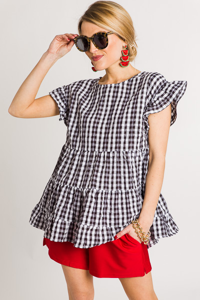 Tiered Gingham Top, Black