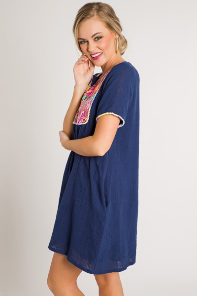 Tribal Embroidery Shift, Navy