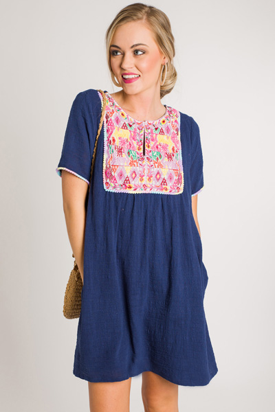 Tribal Embroidery Shift, Navy