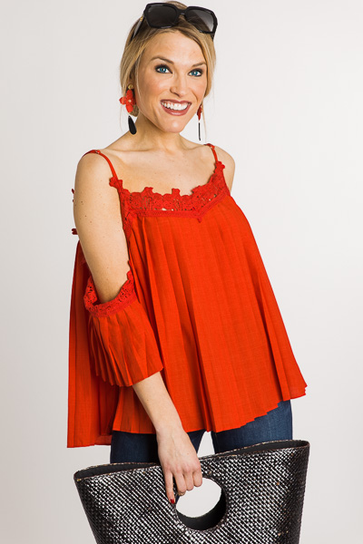 Pleated Cold Shoulder Top, Tomato